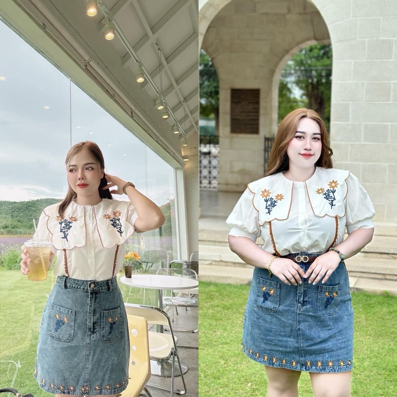 (s-3xl) ชุดเซตกระโปรง ชุดยีนส์ เสื้อคอปก+กระโปรงยีนส์ งานปัก งานป้าย love lady