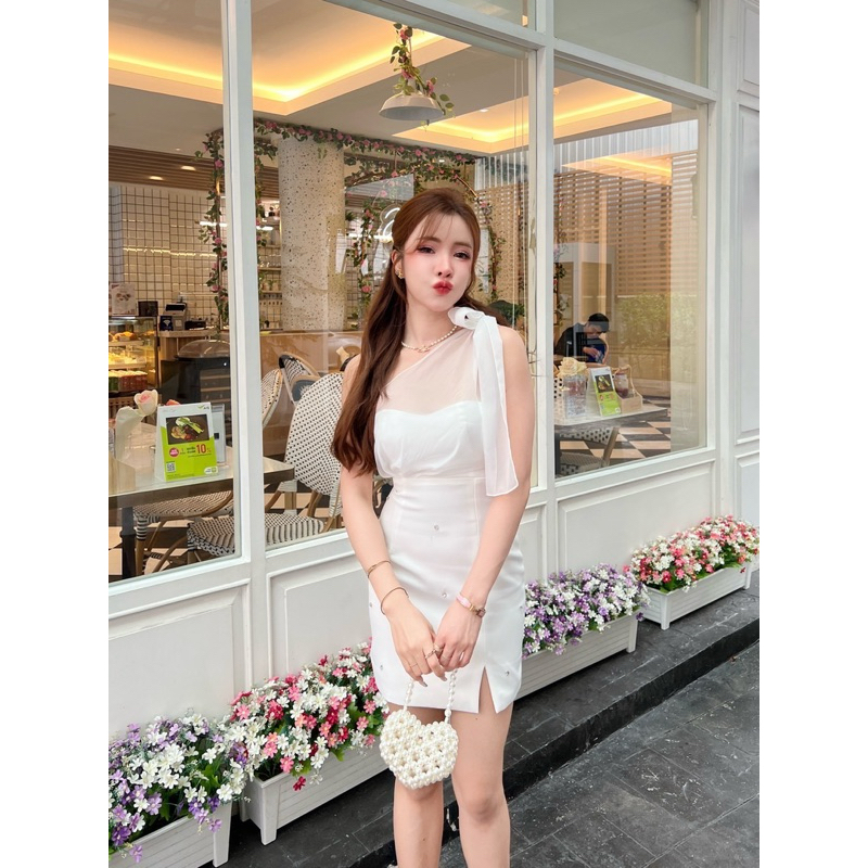[LISA] A0346 ชุดเดรสกระโปรงเกาะอกซทรูปาดไหล่ดีเทลแต่งเพชร ทรงสวยหรูแบบผู้ดีสุดๆใส่ออกงาน คาเฟ่ เที่ยว ออกเดท งานแต่ง