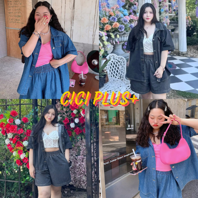 CiCi Plus+(607)ชุด SET เสื้อยีนส์แต่งกระเป๋าเดี่ยว + กางเกงเอวสม๊อค เหมาะสำหรับสาวพลัสไซส์ ทรงชิคๆ