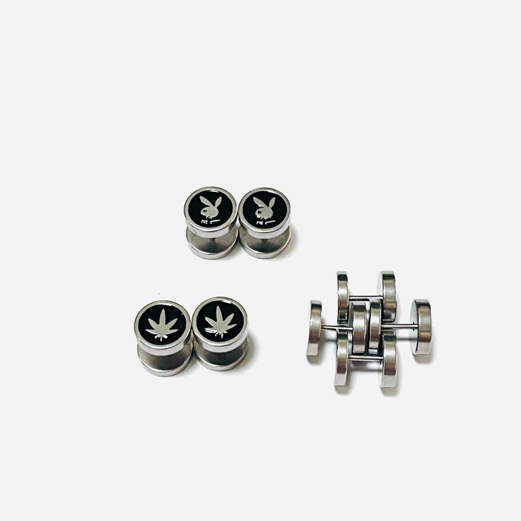 2pcs/304สแตนเลส-ต่างหู ตุ้มหู จิว ต่างหูผู้ชาย Black Gothic Barbell Earring Fashion Round Plain Men Stud Earring Jewe