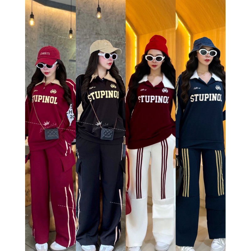 OT ชุดเซ็ต 2 ชิ้น ผ้าวอมวูลเวฟ เสื้อทรงสเวตเตอร์แขนยาวคอปกแต่งกระดุม มีแถบข้าง + กางเกงคาโก้ขายาวแต่