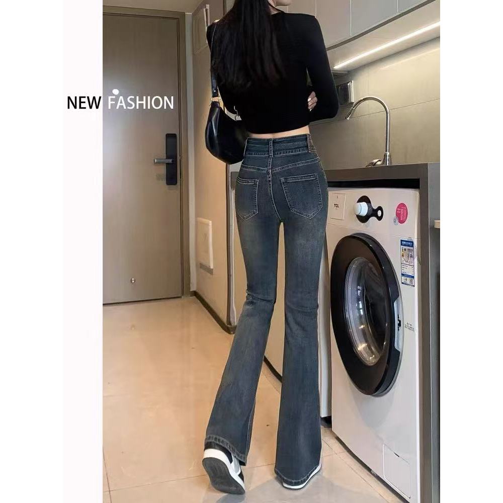 ใครใส่ก็ดูดี~สาวฮอต สีน้ำเงินเข้ม เอวสูง ย้อนยุค กางเกงยีนส์ ผ้ายืด แฟชั่น กางเกงขาบาน กระดุมคู่ - รูปที่ 5