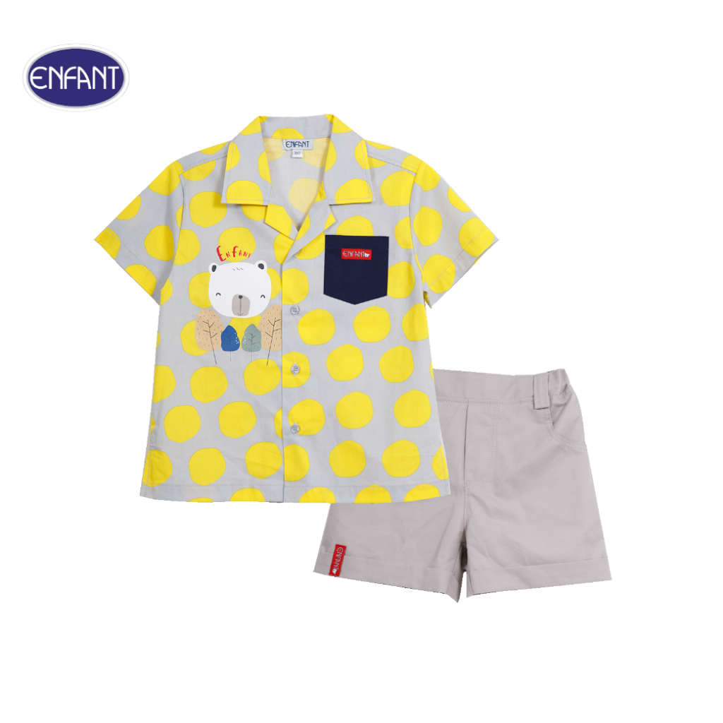 ENFANT (อองฟองต์) เสื้อแขนสั้น+กางเกงขาสั้น สำหรับเด็ก 4-6 ปี คอลเล็กชั่น Happy Polka Dots สีเทาจุดเหลือง