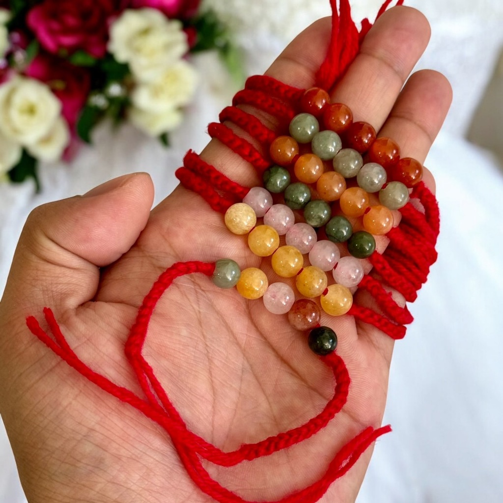 ด้ายแดง 10 เส้น ด้ายสายสิญจน์ ด้ายผูกข้อมือ ด้ายมงคล ลูกปัดหยก 3 เม็ด 5 เม็ด