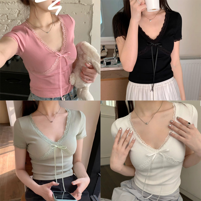 Miss Kitty พร้อมส่ง ท่านหญิง เสื้อไหมพรมแขนสั้น คอวี ผ้านิ่มสีพาสเทล น่ารัก *ZL03*