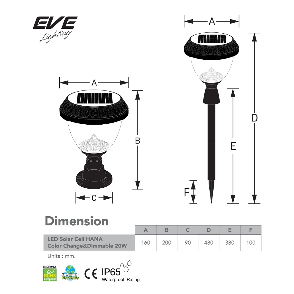 EVE โคมไฟ โซล่าเซลล์ หัวเสา ปักดิน รุ่น HANA เปลี่ยนสีได้ 3 สี พร้อมรีโมท ขนาด 20 วัตต์ แบตเตอรี่ 3.7V 2,200mAh.