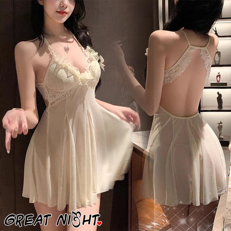 Great Night ปักลูกไม้สวยงาม ชุดลูกไม้เซ็กซี่ ชุดนอนเซ็กซี่ สายสะพายไหล่ปรับได้ ชุดนอนไม่ได้นอน คอวี