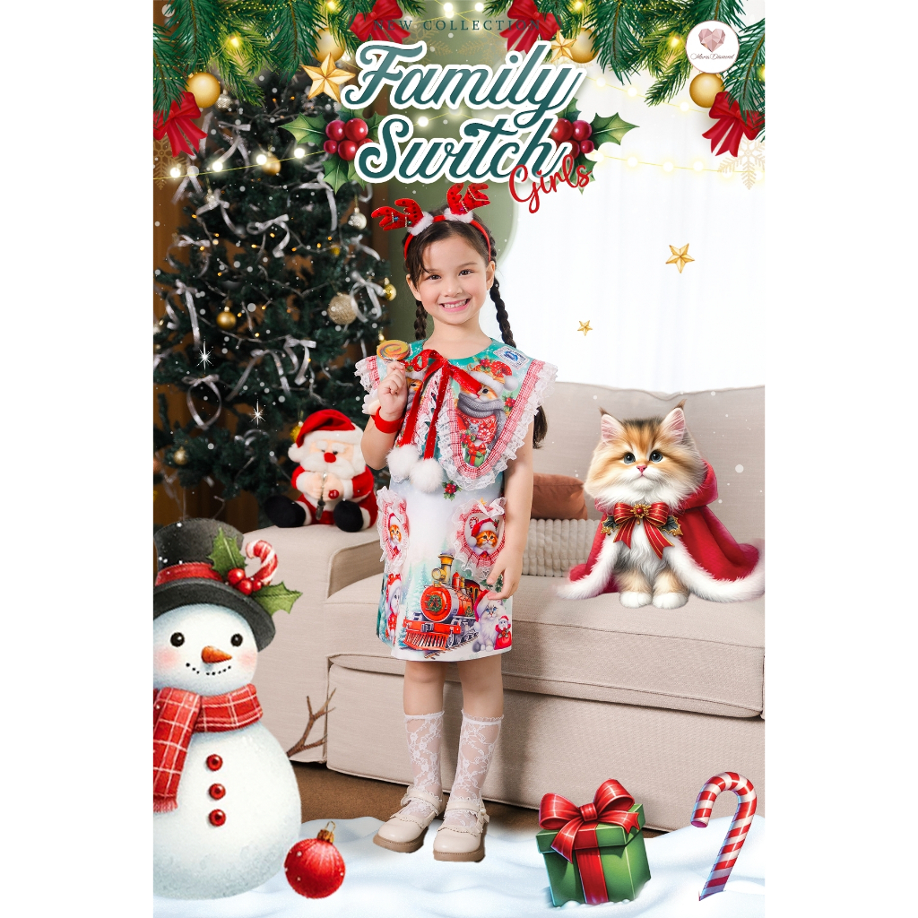 (Girls) Family Switch Dress เดรสสั้นผ้าไหมเกาหลีพิมพ์ลาย แขนกุด ปกใหญ่แต่งระบาย ดีเทลหัวใจ มีซับ ใส่ซิปหลัง