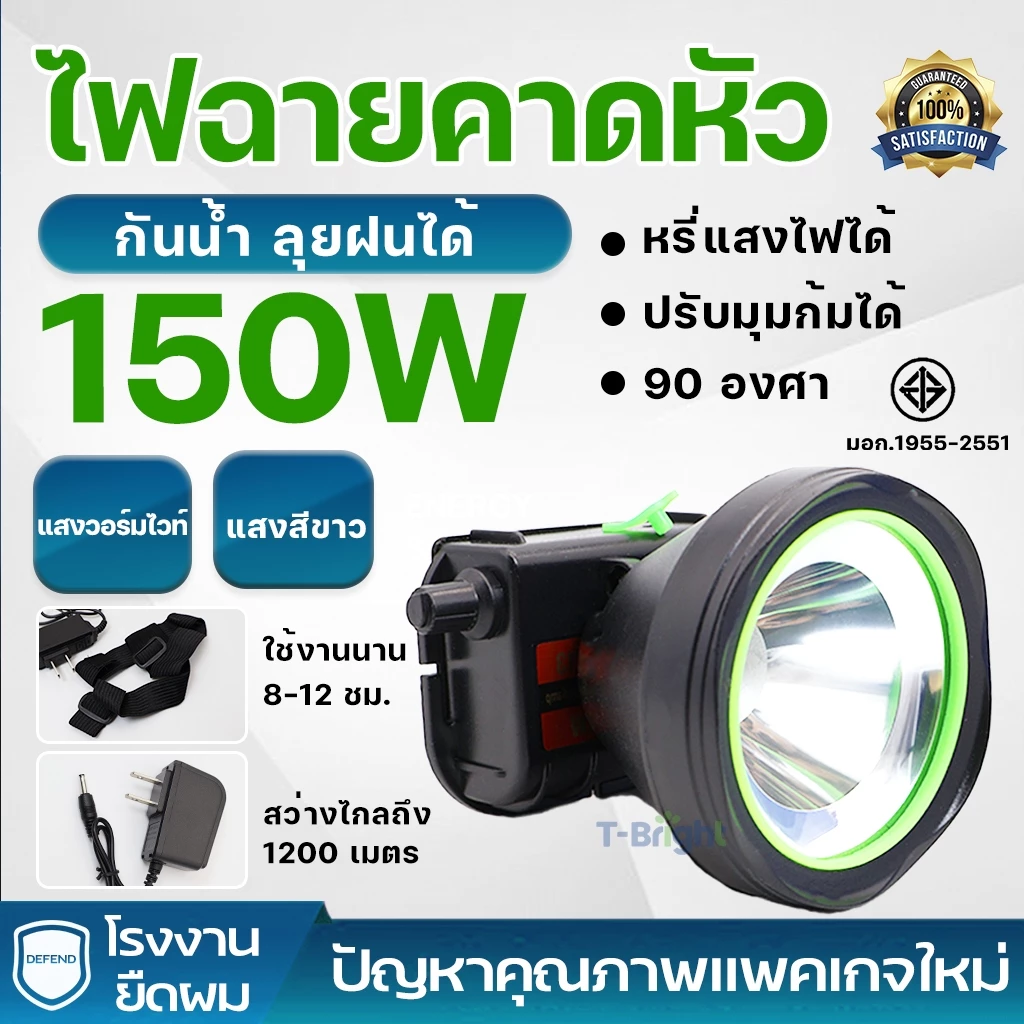 ไฟฉายคาดหัว LED 200W ชาร์จไฟได้ กันน้ำ
