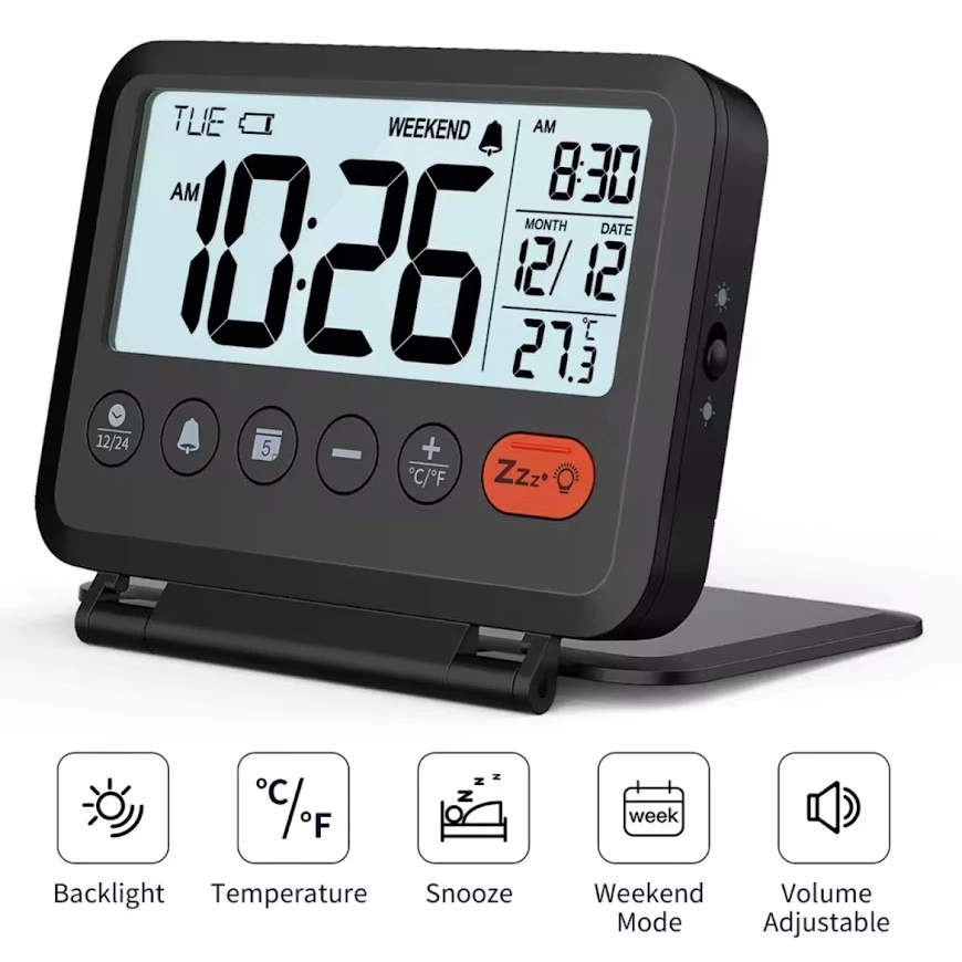 6201นาฬิกาปลุกขนาดเล็กอิเล็กทรอนิกส์ LCD Digital Travel นาฬิกาปลุกเครื่องวัดอุณหภูมิ Snooze ปฏิทิน 12/24H นาฬิกาตั้งโต๊ะ