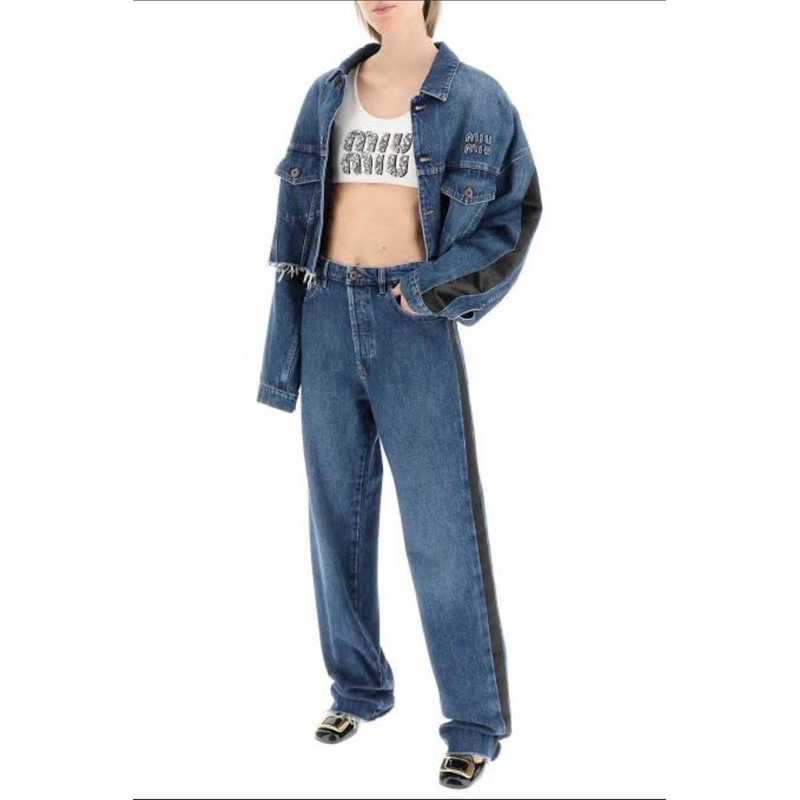 MIUMIU กางเกงยีนส์ ทรงกระบอกกลาง สีเข้ม