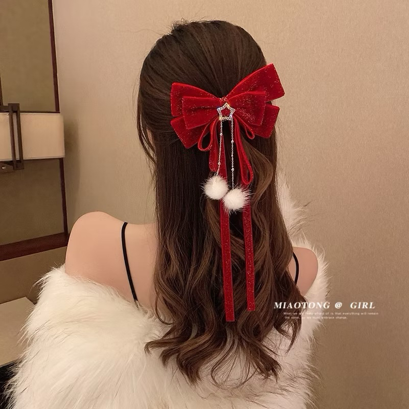 X-Y🎁 {พร้อมส่ง}กิ๊บโบว์แดงใหญ่ติดผม ผ้ากํามะหยี่ประดับผม สไตล์ตรุษจีนปีใหม่เทศกาล