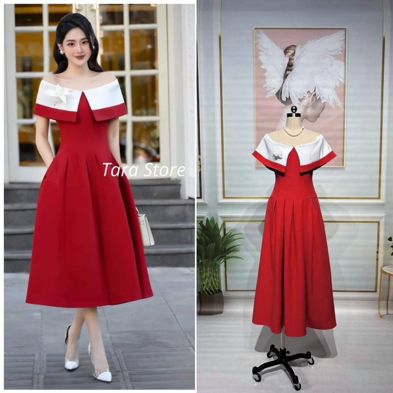 (m,2xl) เดรสยาว ปาดไหล่ สีแดง+เข็มกลัด งานป้าย ananya