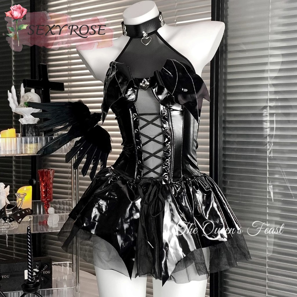 SEXY ชุดฮาโลวีน ชุดคอสเพลย์เซ็กซี่ ชุดหนังสีดำ 🌸 M-5XL | 40-100กก.   หน้าหลังแต่งสายไขว้ R-783