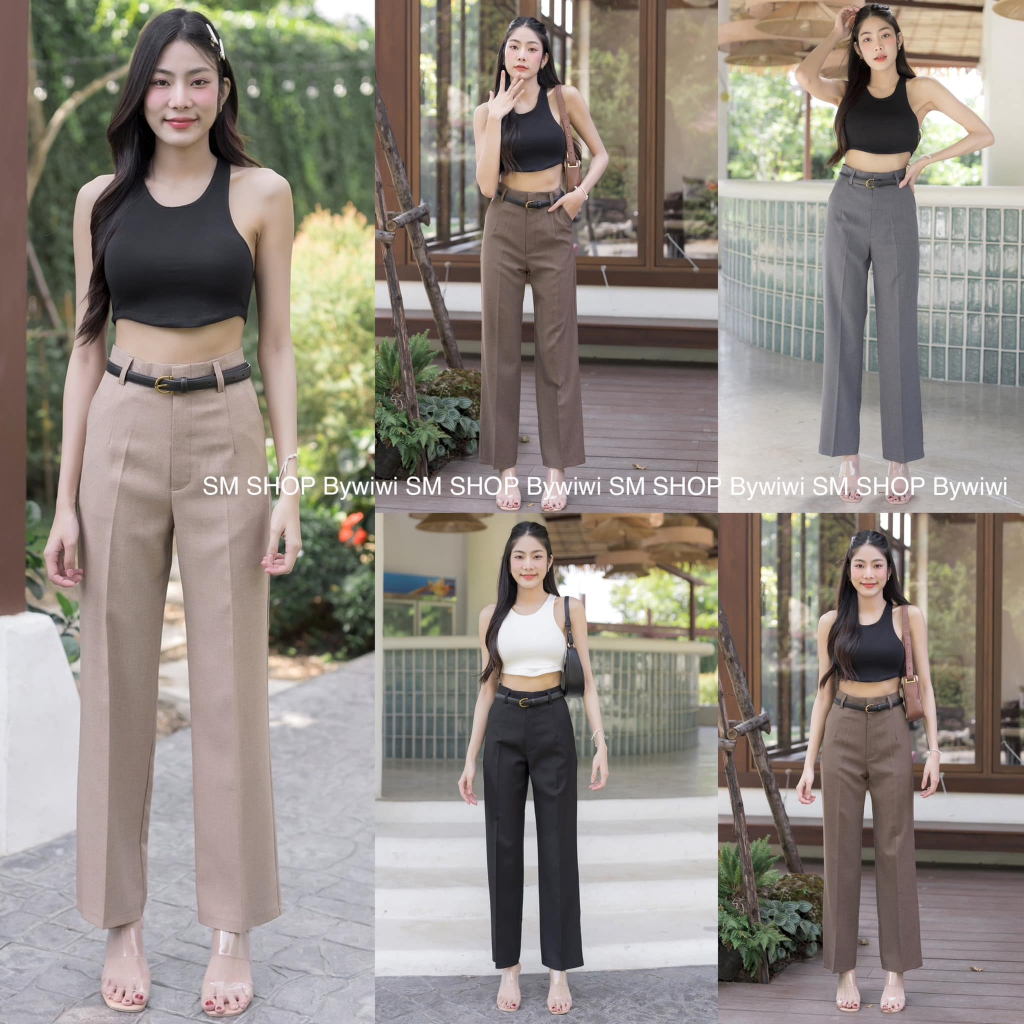รุ่น SK กางเกงขากระบอก เอวสูง ตะขอหน้า ผ้าสลาฟผ้าโซดา ป้ายSMSHOP