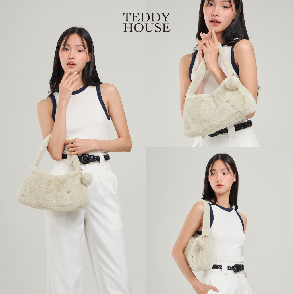 Teddy House :NEW-Fluffy Shoulder Bag กระเป๋าขนนุ่มสะพายไหล่ สะพายข้าง สายแฟชั่น สายคาเฟ่ ปักโลโก้ มีห่วงคล้องพวงกุญแจ