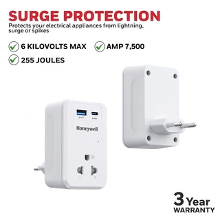Honeywell ปลั๊กป้องกันไฟกระชาก แบบ 1 ช่อง พร้อม USB-C 1 ช่อง และ USB-A 1 ช่อง
