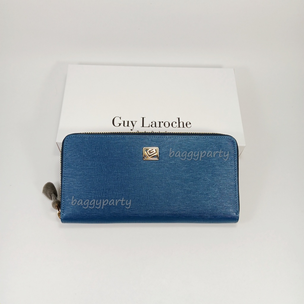 Guy Laroche แท้!! กระเป๋าสตางค์ผู้หญิงใบยาว ซิปรอบ สีฟ้าอมน้ำเงิน หนังลาย อะไหล่สีทอง หนังแท้