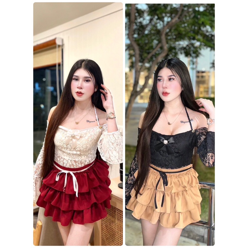 ชุดเซ็ท2ชิ้น เสื้อครอปลูกไม้แขนยาวเปิดไหล่เพิ่มดีไซน์สายคล้องคอ มาพร้อมกระโปรงทรงขนมชั้น มีซับในกางเกง
