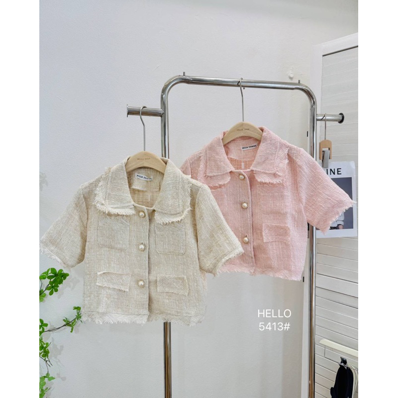 เสื้อทวิต คอปกแขนสั้น กระดุมมุกผ่าหน้า พร้อมกระเป๋าหน้าใช้งานได้จริง(**ได้เฉพาะเสื้อ**) #5413