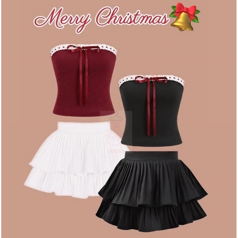 เซ็ท 2 ชิ้น (พร้อมส่ง) เสื้อเกาะอกผูกโบว์ + กระโปรงขนมชั้น ชุดคริสต์มาส คาเฟ่ น่ารัก