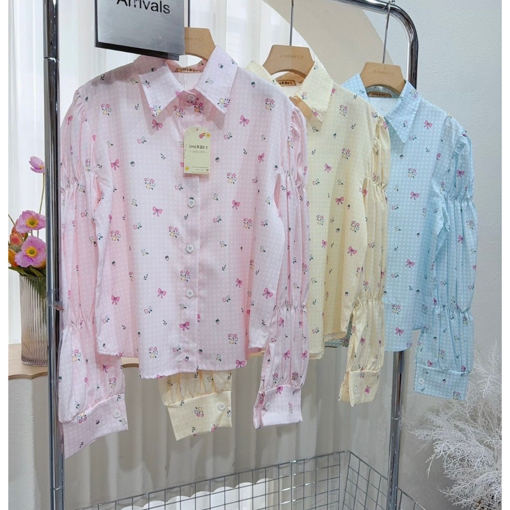 ป้าย SHERBET เสื้อเชิ้ตพิมพ์ลายโบว์ แขนญาญ่า อก 40 นิ้ว