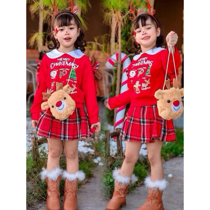 ชุดคริสต์มาสเด็กผู้หญิง ชุดเซ็ทกระโปรงสก็อตแดง ชุดธีมคริสต์มาส