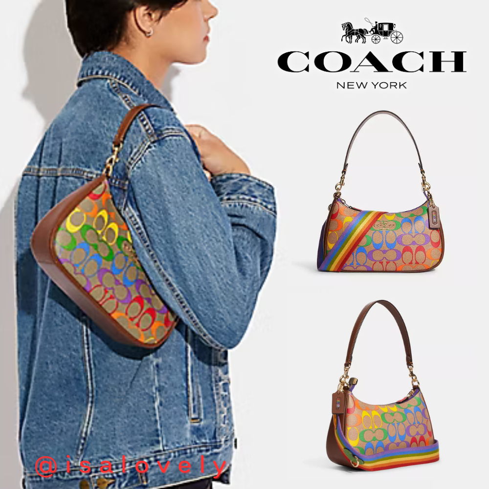 📌Isa Lovely Shop📌  Coach CA176 Teri Shoulder Bag In Rainbow Signature Canvas