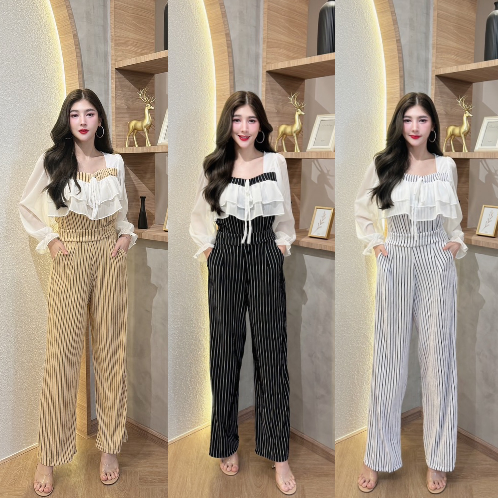 พร้อมส่ง ชุดเซตยาวผ้าเปลือกไม้ลายริ้ว เสื้อแขนยาวผ้าซีฟองระบายอกผูกโบว์อก+กางเกงเอวเรียบสม็อคหลังมีกระเป๋า A5516