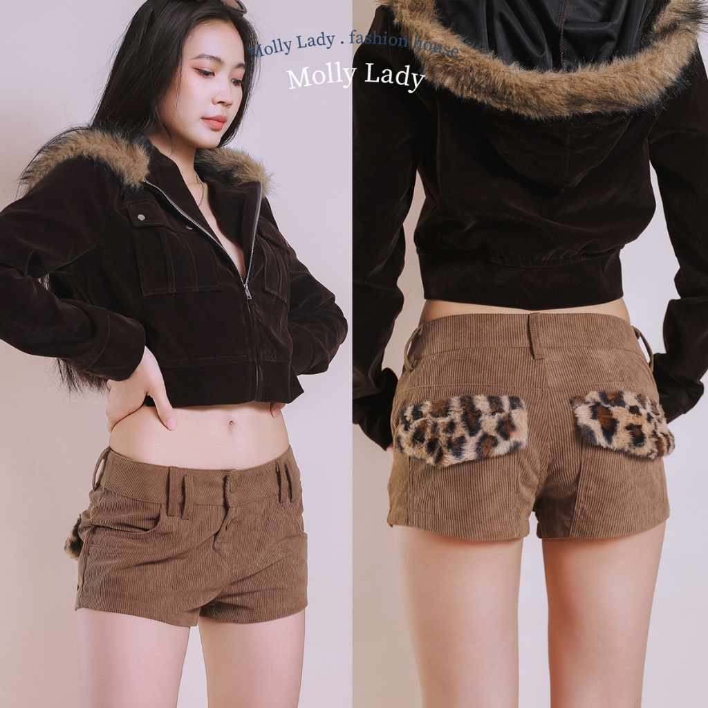 Molly Lady Glamour shorts กางเกงขาสั้นเอวต่ำ ผ้าลูกฟูก กระเป๋าขนเฟอร์ลายเสือ กระดุมทองเหลือง