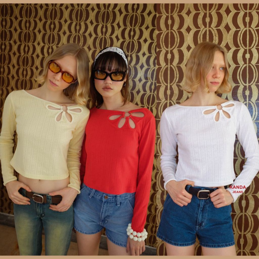 (Pre-order ส่ง 24ก.พ.- 5มี.ค.) สีแดง/ขาว S มีพร้อมส่ง KANDA JEANS : Lily Ribbon Long-sleeve top เสื้อยืด แขนยาว