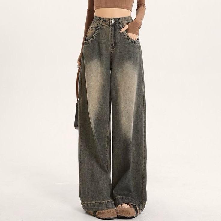 (XS-6XL) jinjeans กางเกงยีนส์ทรงกระบอกใหญ่ baggy สาวอวบเอวสูง ปลายขากว้าง สีสนิมโทนเทาอมน้ำตาล Clothing ผู้หญิง(0760)
