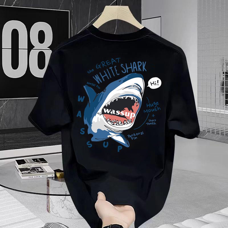 Basi เสื้อยืด oversize สกรีนหน้าหลัง ลาย "WHITE SHARK" มิติ ผ้าคอตตอน 100% เนื้อผ้าเกรดพรีเมียม คอกลม ใส่สบาย