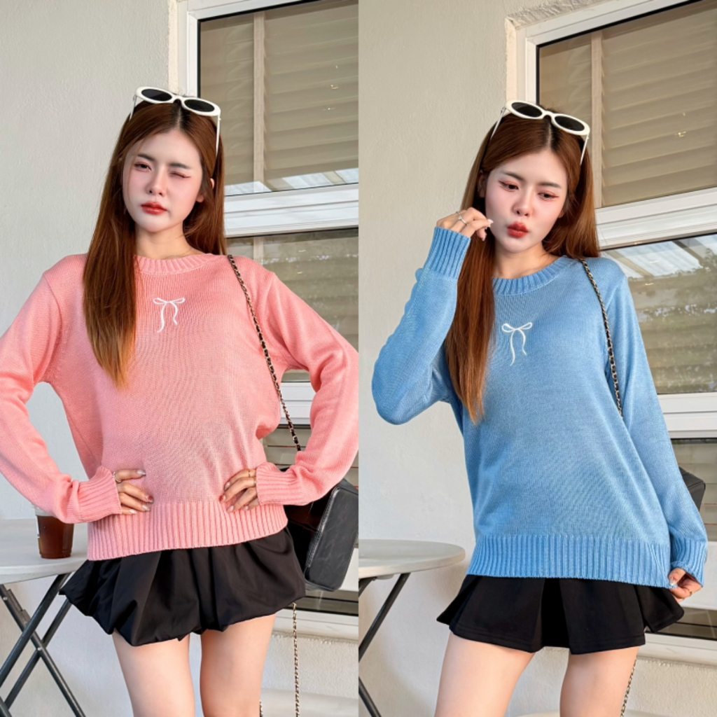 SpinnyHouse เสื้อกันหนาว สเวตเตอร์ ปักโบว์น่ารัก ผ้าไหมพรมยืดเยอะมาก สไตล์เกาหลีเกาใจ รุ่น สเวตเตอร์ปักโบว์