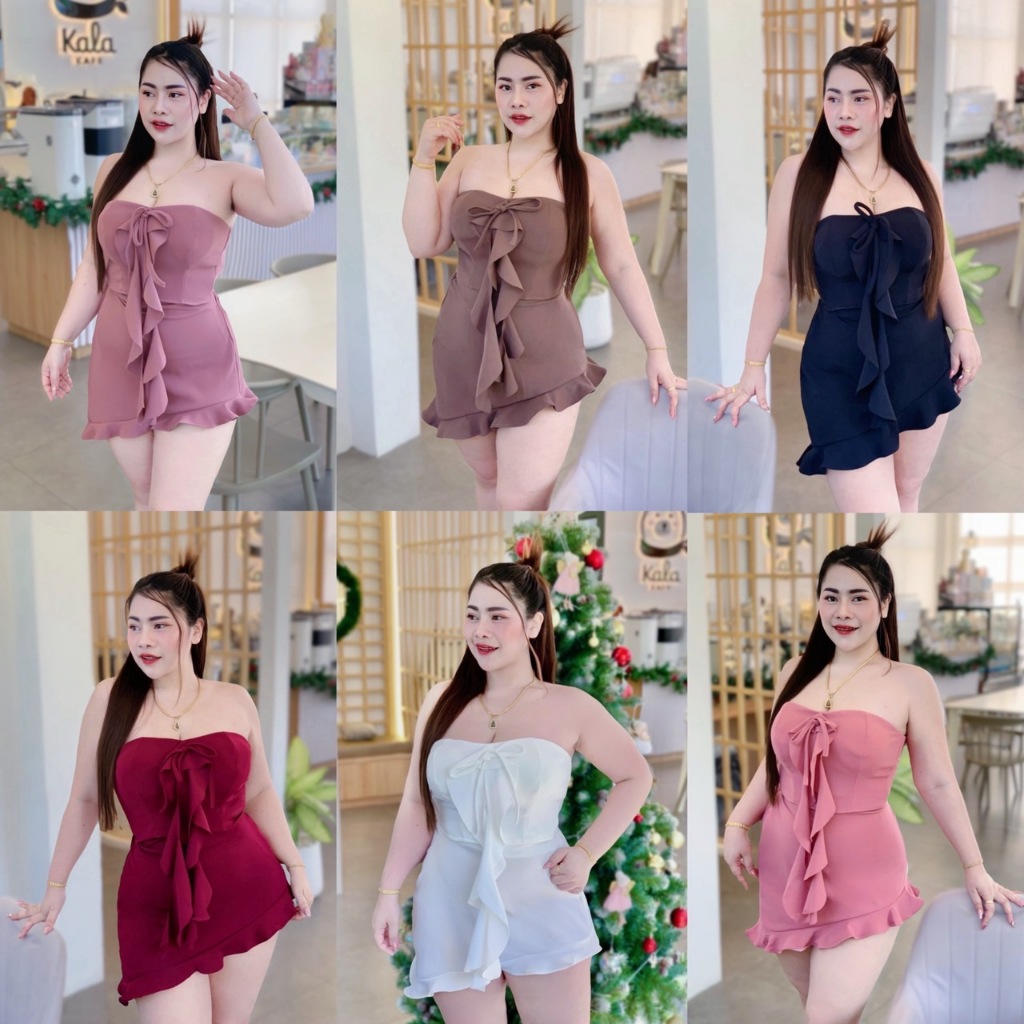 NT920 ชุดเซ็ท2ชิ้น เสื้อเกาะอกซิปหลัง+กระโปรงเฉียงระบายสาวอวบ