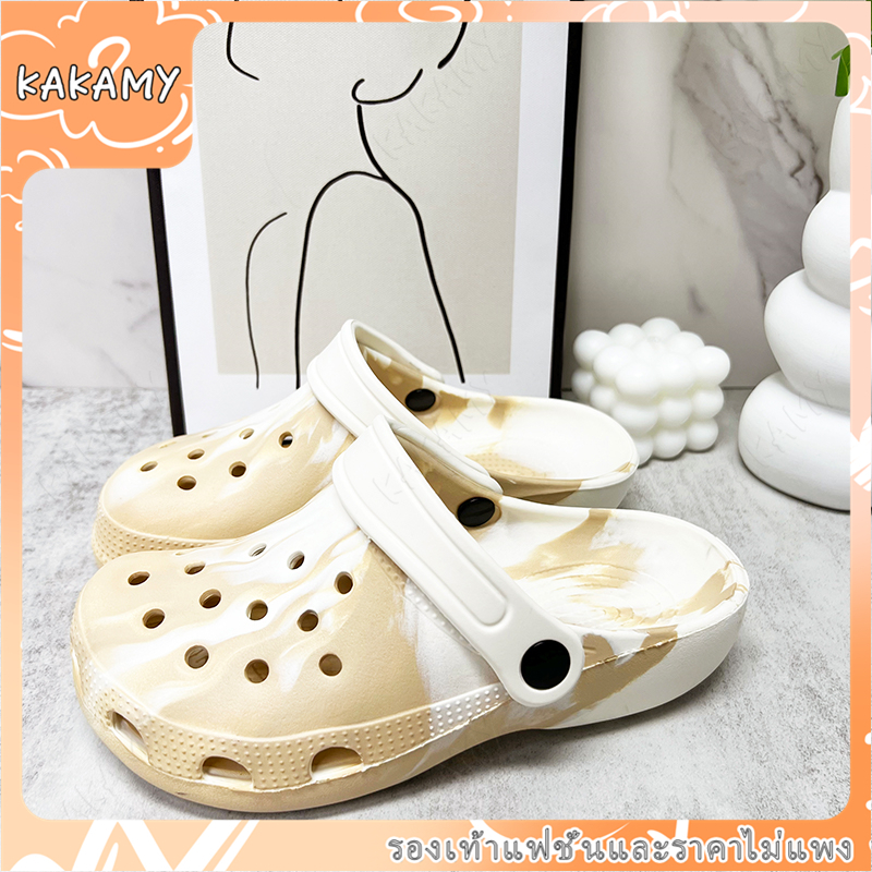 KAKAMY รองเท้าแตะชายหาด รองเท้าหัวโตแบบมีรู สไตล์เกาหลี DIY แฟชั่น พื้นหนา