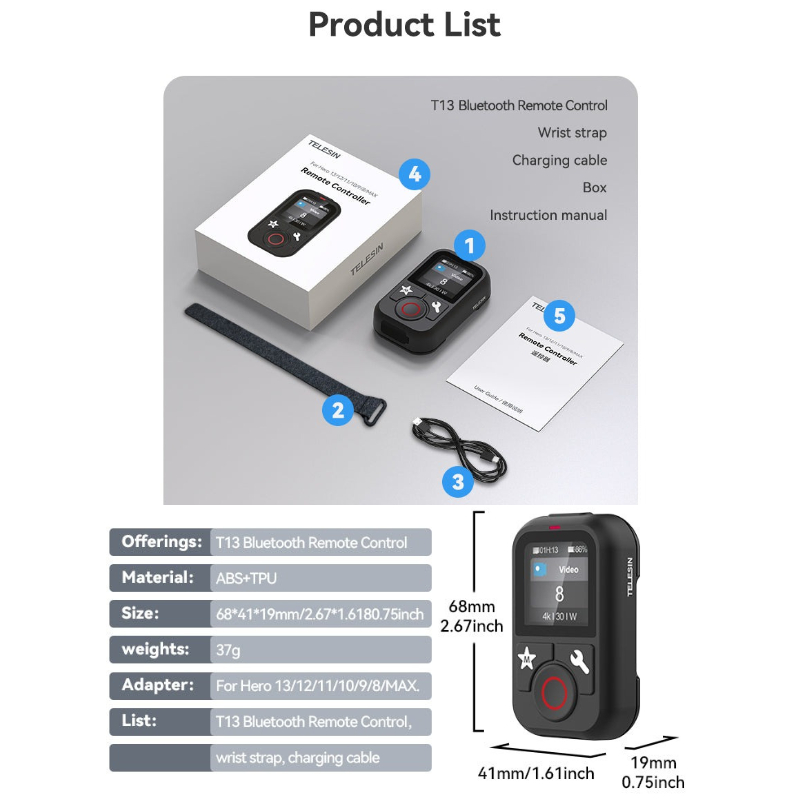Telesin T13 Remote Controller รีโมทพร้อมสายรัดข้อมือ สำหรับ Gopro 13/12/11/10/9/8/Max