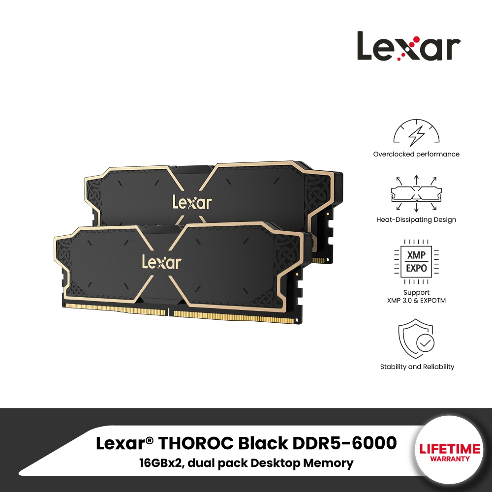 Lexar THOR OC Black DDR5 6000 U-DIMM 16GBX2 Dual pack (LD5U16G60C38LG-RGD) 6000MT/s: CL38 แรมพีซี