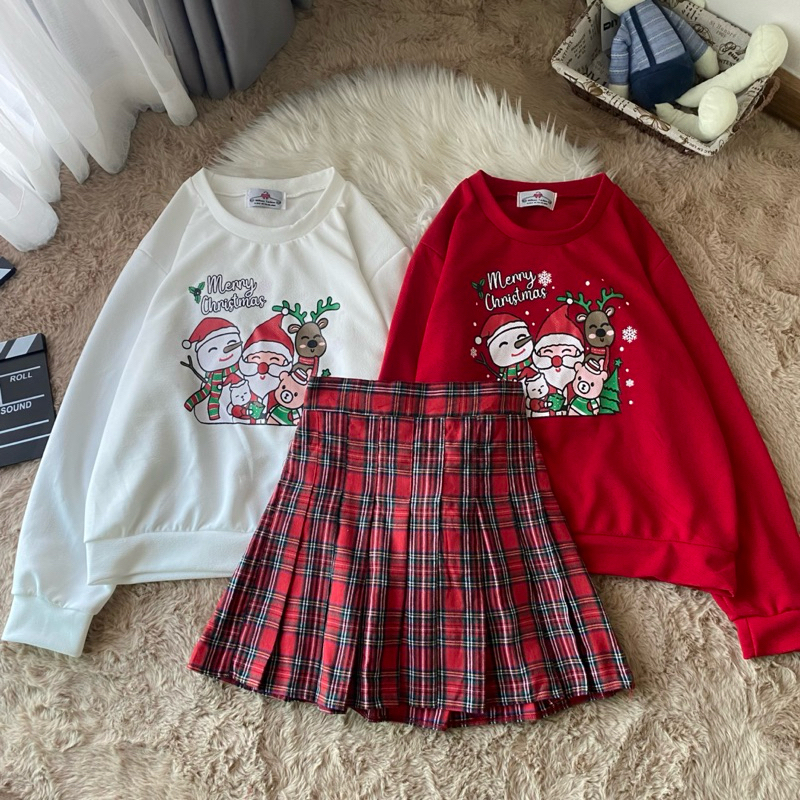 ชุดเช็ต2ชิ้นเสื้อแขนยาวลาย Christmas+กระโปรงลายสก็อต
