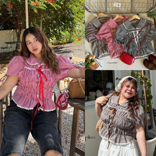 /LD/ เสื้อสาวอวบ คอบัว ลายสก็อต แขนผูกเชือก แต่งสม็อคหน้า แล…