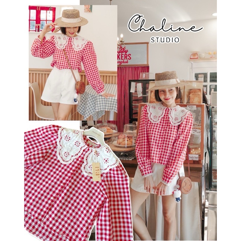 chaline เสื้อแดงลายสก้อตแขนยาวคอปกน่ารัก