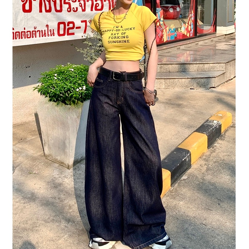 กางเกงยีนส์ขากว้าง กางเกงเอวสูง ทรงหลวม สาวอวบใส่ได้ ผ้ายีนส์นิ่ม ขากว้าง #010136