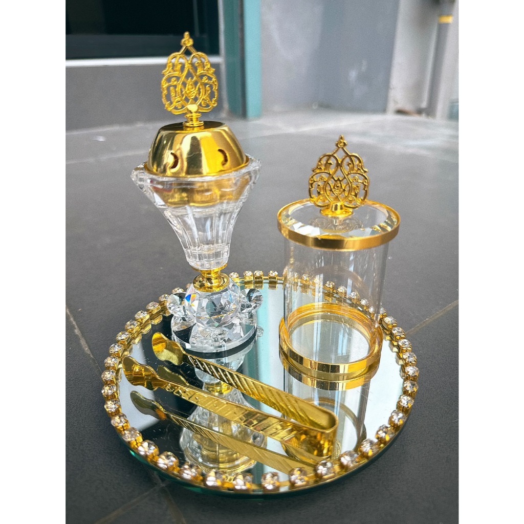 DT80-65 เชิงวางกำยานแต่งฝาสีทองพร้อมกระปุกและถาดหมุนได้