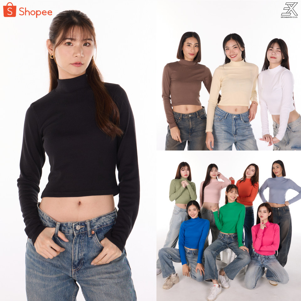 Expogarment เสื้อยืดคอเต่า เบบี้ที แขนยาว BabyTee ครอป เอวลอย ผ้าร่อง Crop Top BTLONG001