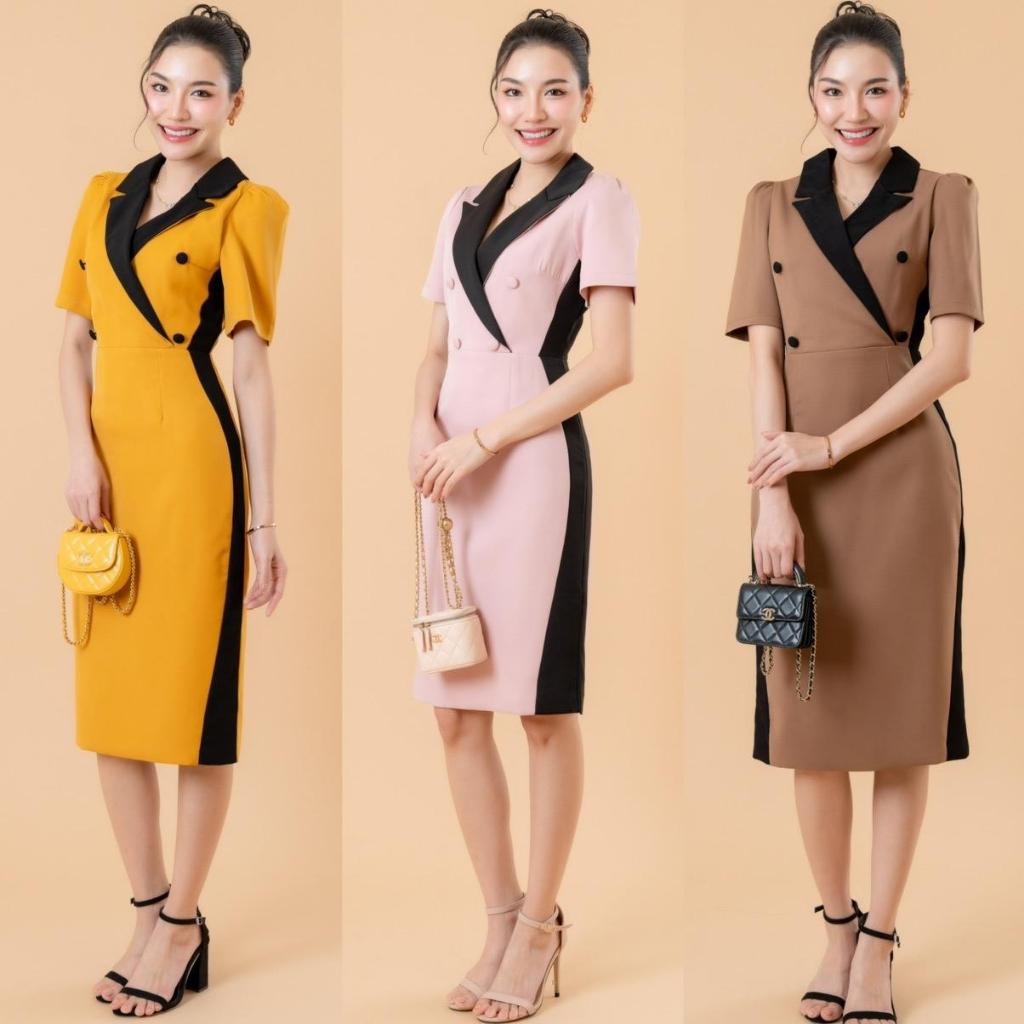 AN509 เดรสคอปกแขนเจ้าหญิงแต่งแถบข้าง The Alner Women Clothing Lady เสื้อผ้า Dress