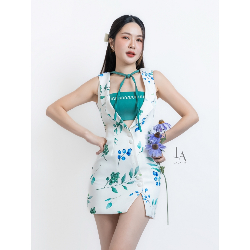 [LALAPIS] มินิเดรสลาย “บลูเบอร์รี่ ” ปกสูท สไตล์มินิมอล (LA232) Dress เสื้อผ้า Clothing ผู้หญิง Women กระโปรง