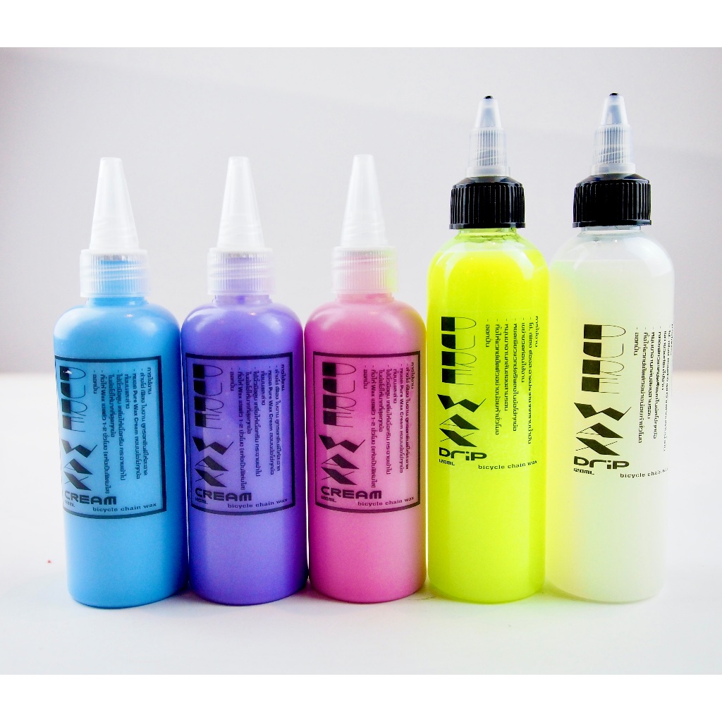 น้ำยาหยอดโซ่ PURE WAX Wax100% มี 2 สูตร Pure Wax Cream และ Pure Wax Drip มีให้เลือก 5 สี ขนาด120ML.