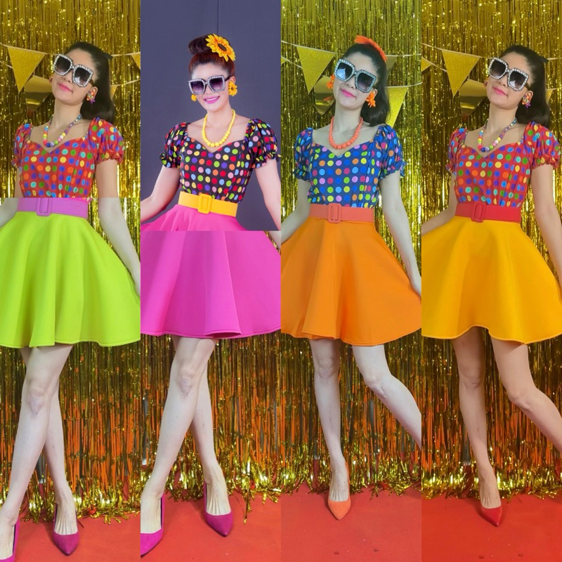 เซตเสื้อลายจุดกระโปรงสีพื้น ชุดทองกวาว ชุดย้อนยุค(ครบเซต)