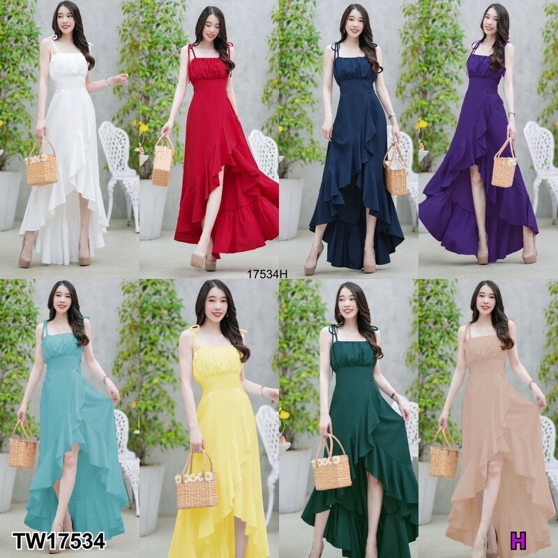 PP17534 แม็กซี่เดรสสายเดี่ยวระบายหางปลา