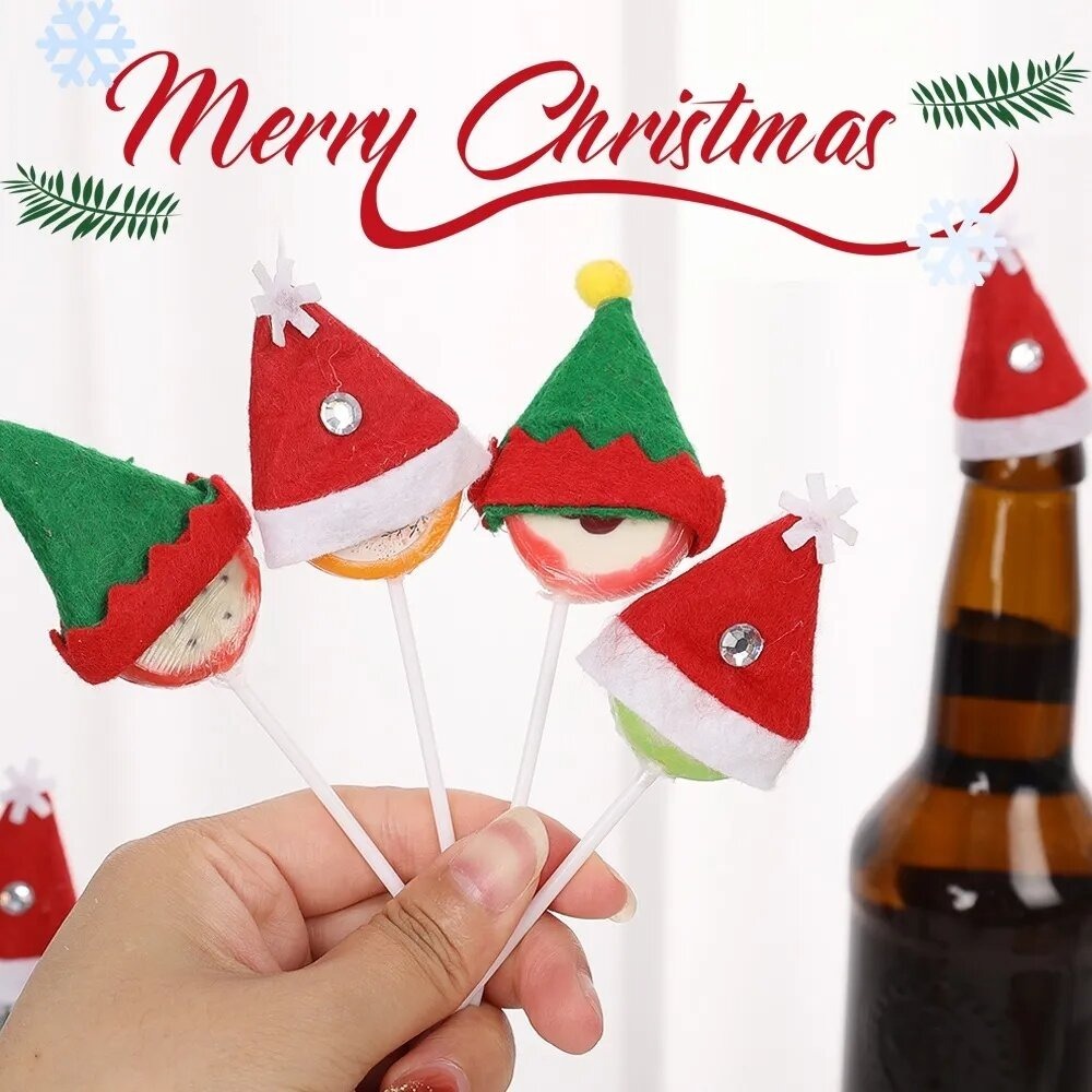 10pcs Christmas หมวกคริสมาสต์จิ๋ว หมวกอมยิ้ม DIY mini หมวกคริสมาสต์ ฝาขวดไวน์ ชุดลูกกวาด คริสมาสต์